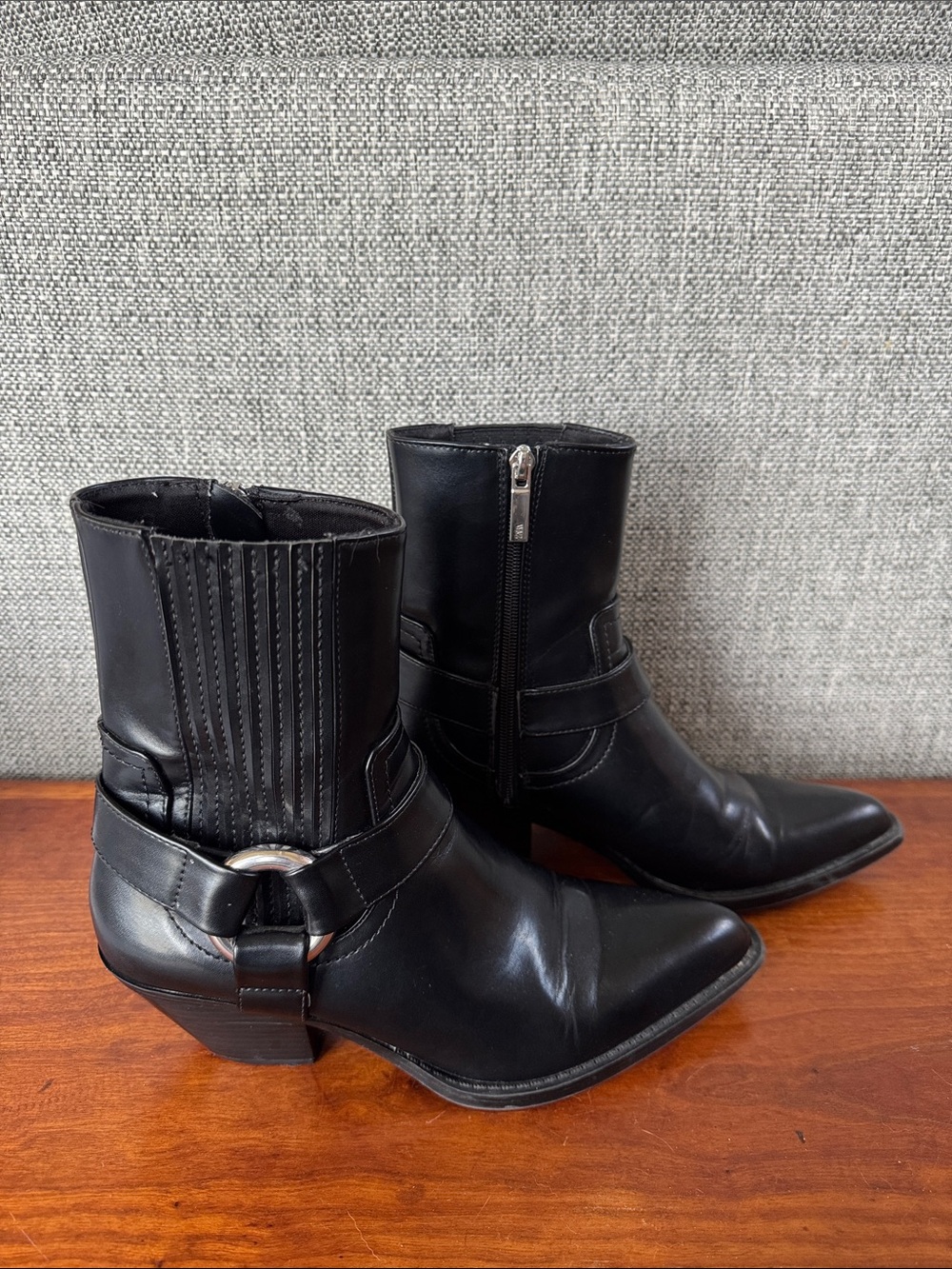 Zara Black Leather Cowboy Harness Ankle Boots with Silver Ring Detail Size 7.5